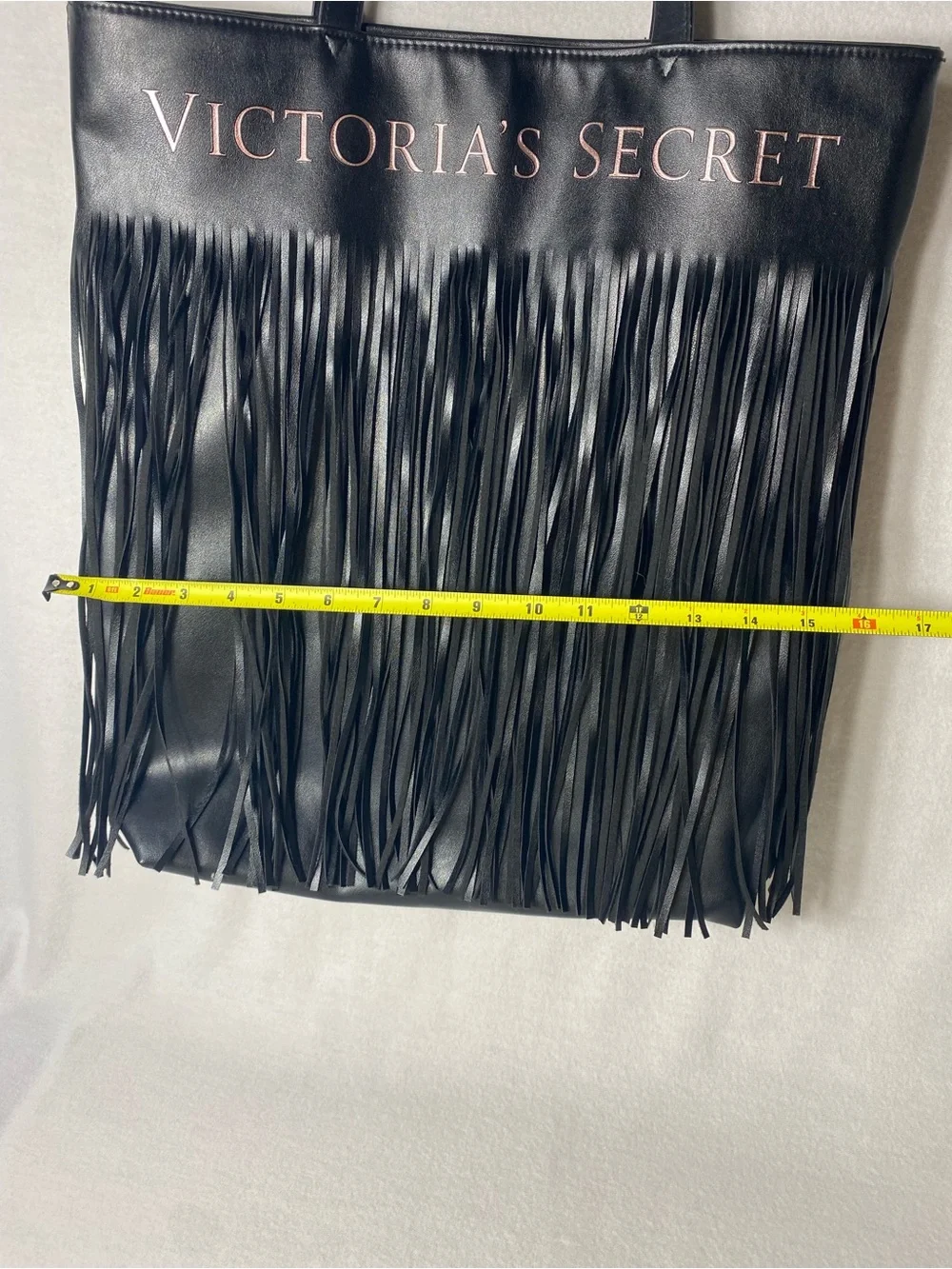 Victoria’s Secret Large Black Fringe Weekender Tote  Bag Faux Leather 16x16x4”